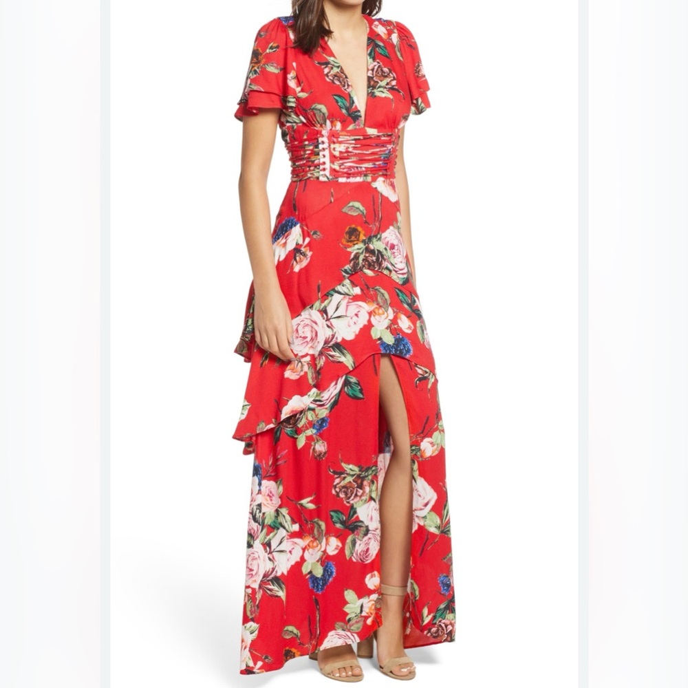 AFRM Red Floral Tiered Maxi Dress